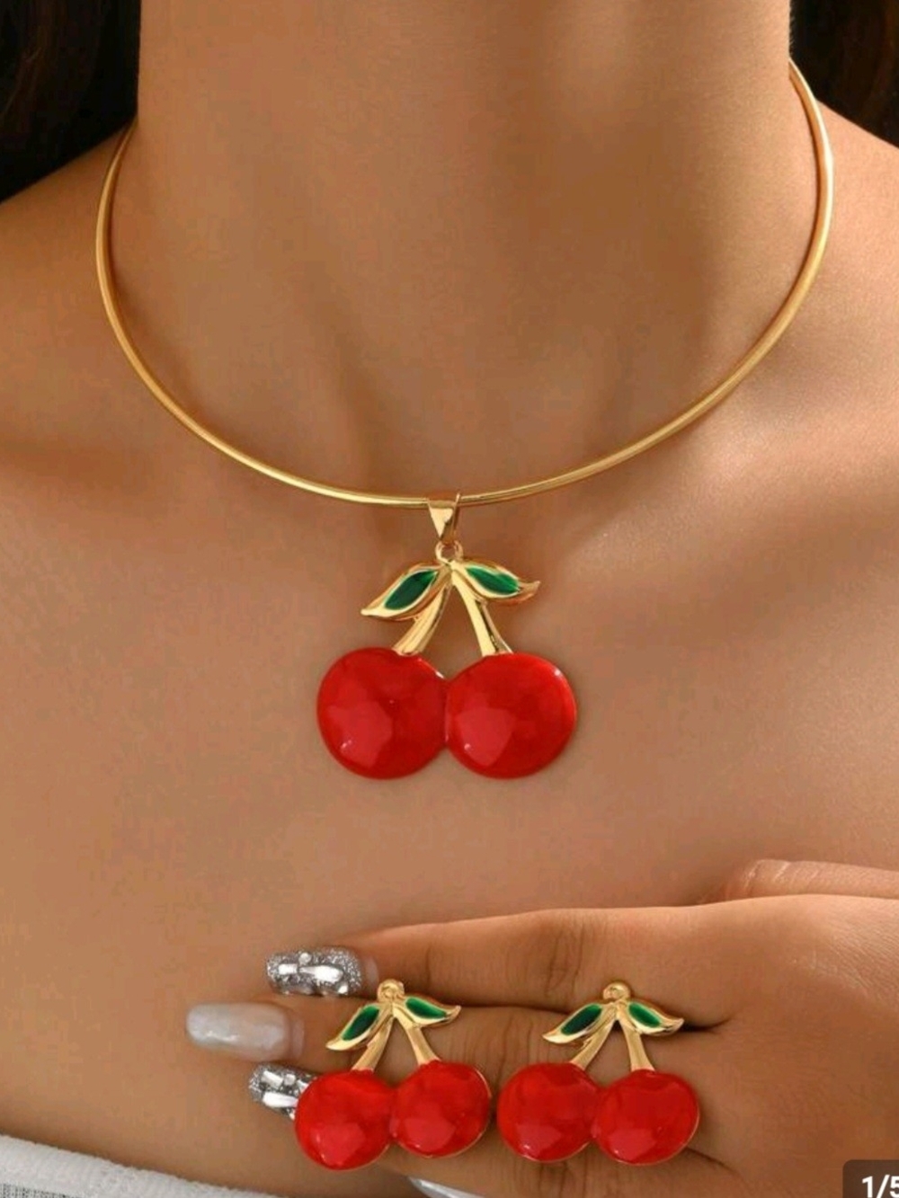 Gold Cherry Pendant Necklace and Earrings Set - Red Cherry Design